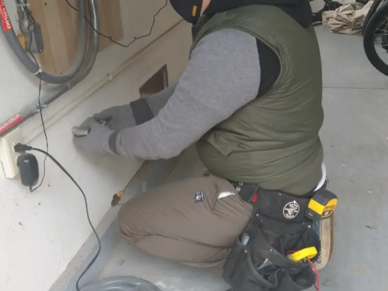 Electrician performing outlet wiring in a Morris garage